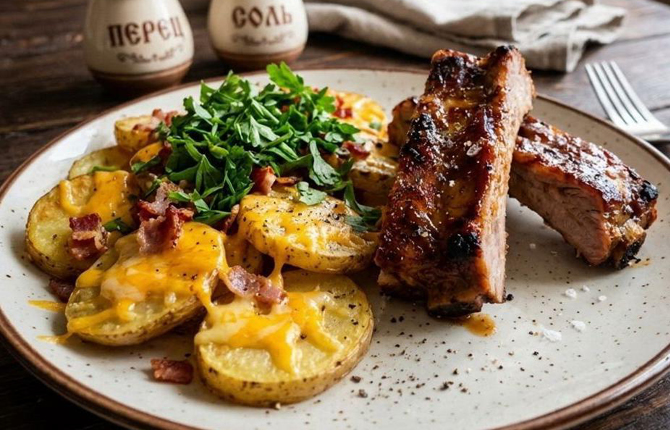 Картошка с ребрышками и беконом в духовке фото